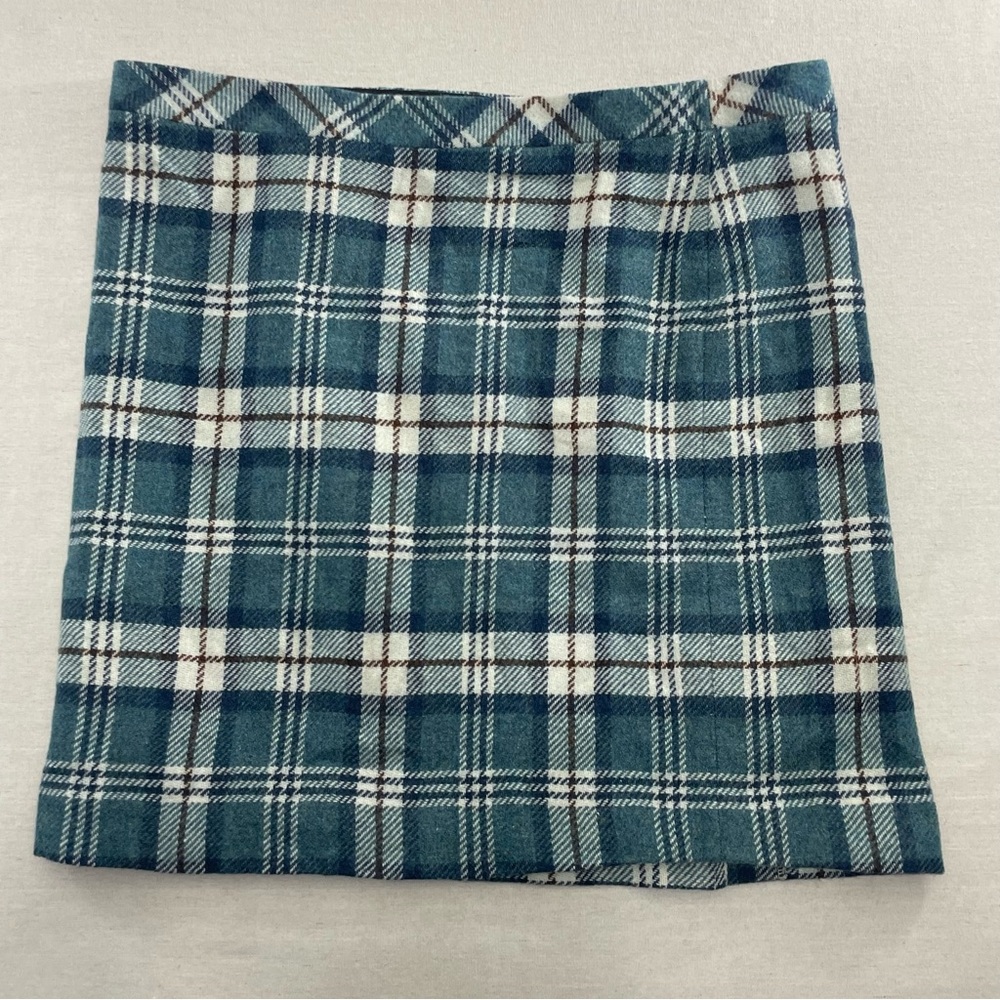 LL Bean Favorite Fit Plaid Wool Blend Blue Brown Skirt Size 18 Reg Lined Preppy
